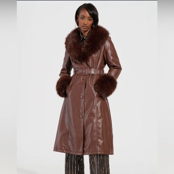KAYA FUR LINED TRENCH IN BROWN - Picture 1 of 1